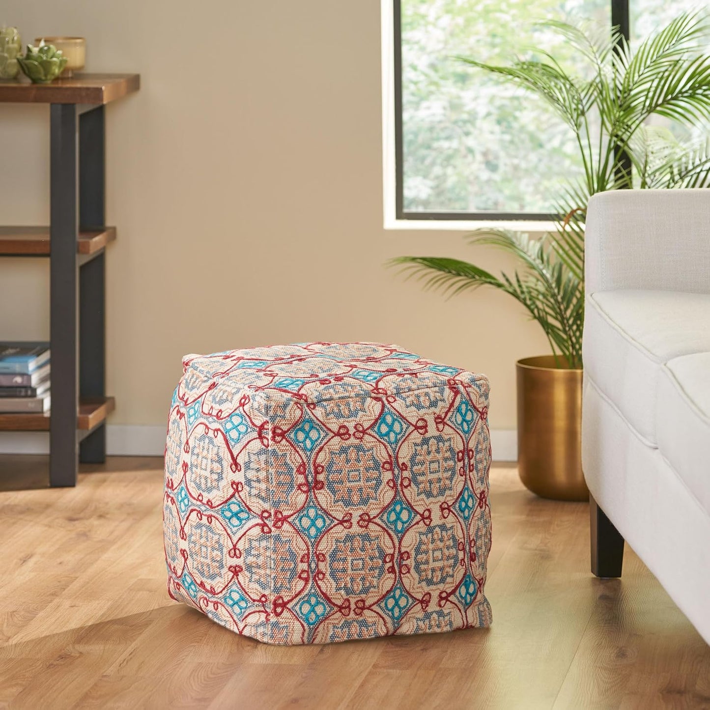 GDFStudio Boho Handmade Fabric Cube Pouf Ottoman Foot Stool - Bean Bag Floor Chair - Foot Rest Couch for Living Room Bedroom,Multicolored,16"" x 16"" x 16"", 313834N