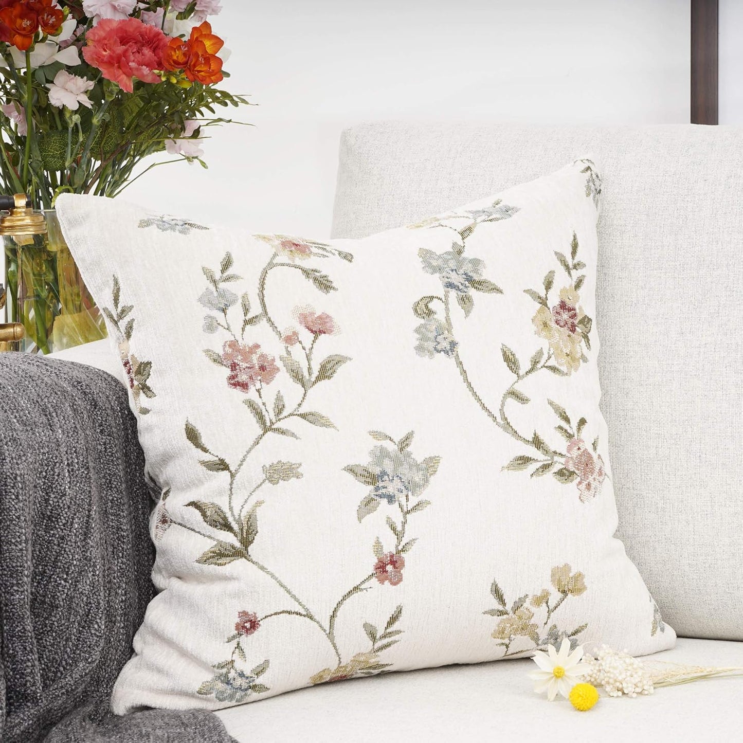 YOUR SMILE Embroidery Jacquard White Floral Leaf Pattern Square Decorative Throw Pillow Case Cushion Cover,18x18 inch