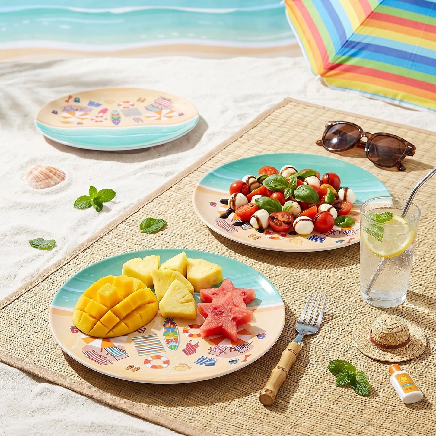 Melamine Plates Set of 6, 10-Inch Unbreakable Melamine Dishes, Reusable Dinner Plates Set, Dishwasher Safe Outdoor Dinnerware for for Poolside, Picnic, RV,Camping Party（Summer Beach ）