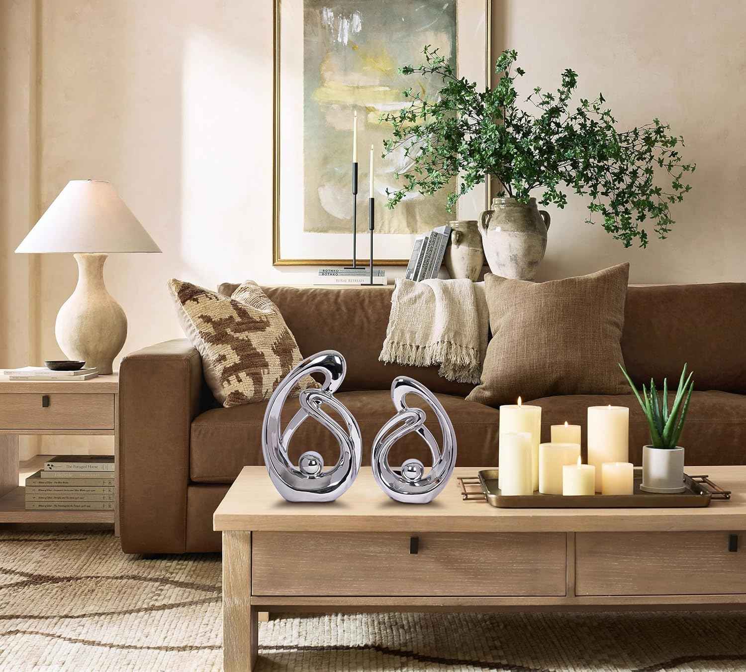 2 Pcs Silver Decor Sculpture Table Decorations Ceramic Decor Mid Century Modern Decor Statue and Figurine Centerpieces for Living Room Dining Room Kitchen Fireplace Shelf Office Coffee Table Decor