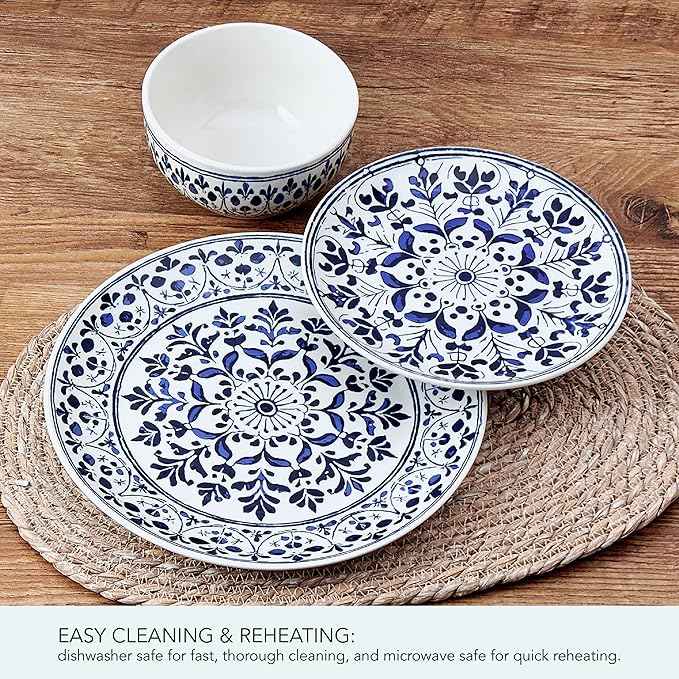 Pfaltzgraff Medallion Radiance 12 Piece Stoneware Dinnerware Plate Bowl Dish Set, Service for 4, Blue