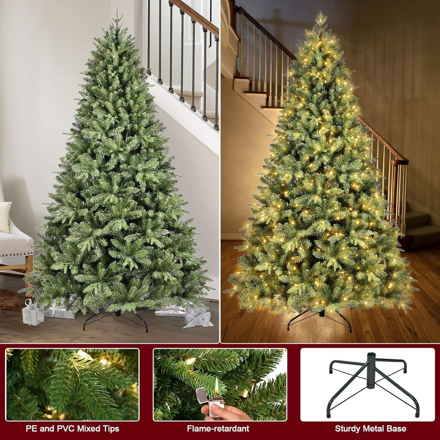 6.5 FT Pre-Lit Artificial Christmas Tree with 1706 PE&PVC Mixed Branch Tips, 450 Warm White Lights, Hinged Premium Spruce Fake Xmas Trees, Green, Foldable Base