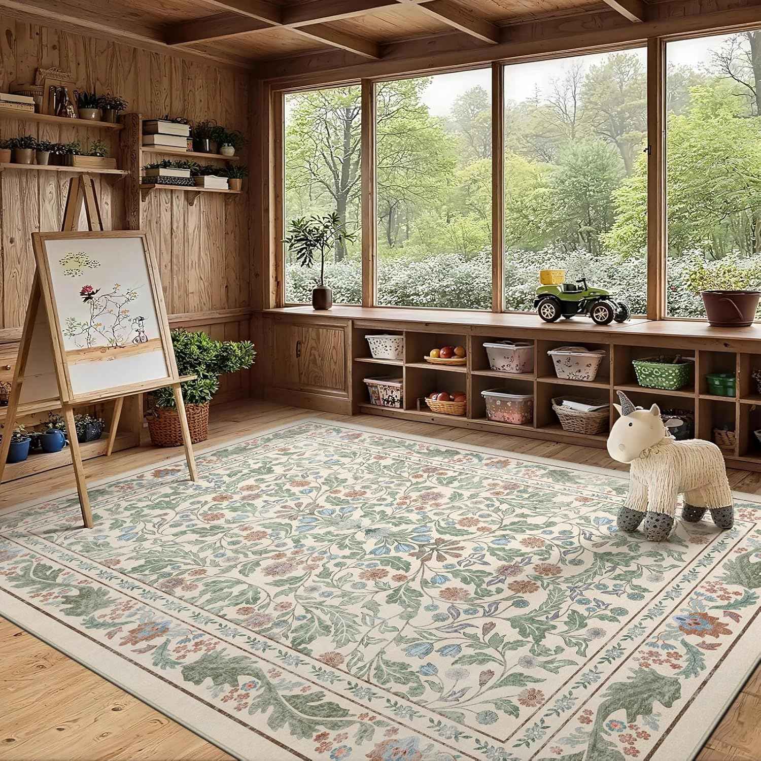 Floral 5x7 Area Rugs for Living Room, Machine Washable Vintage Rug Boho Low Pile Carpets Non Slip Soft Carpet for Farmhouse Bedroom Office Rugs, Kids Room, Nursery Room, Playroom, Beige