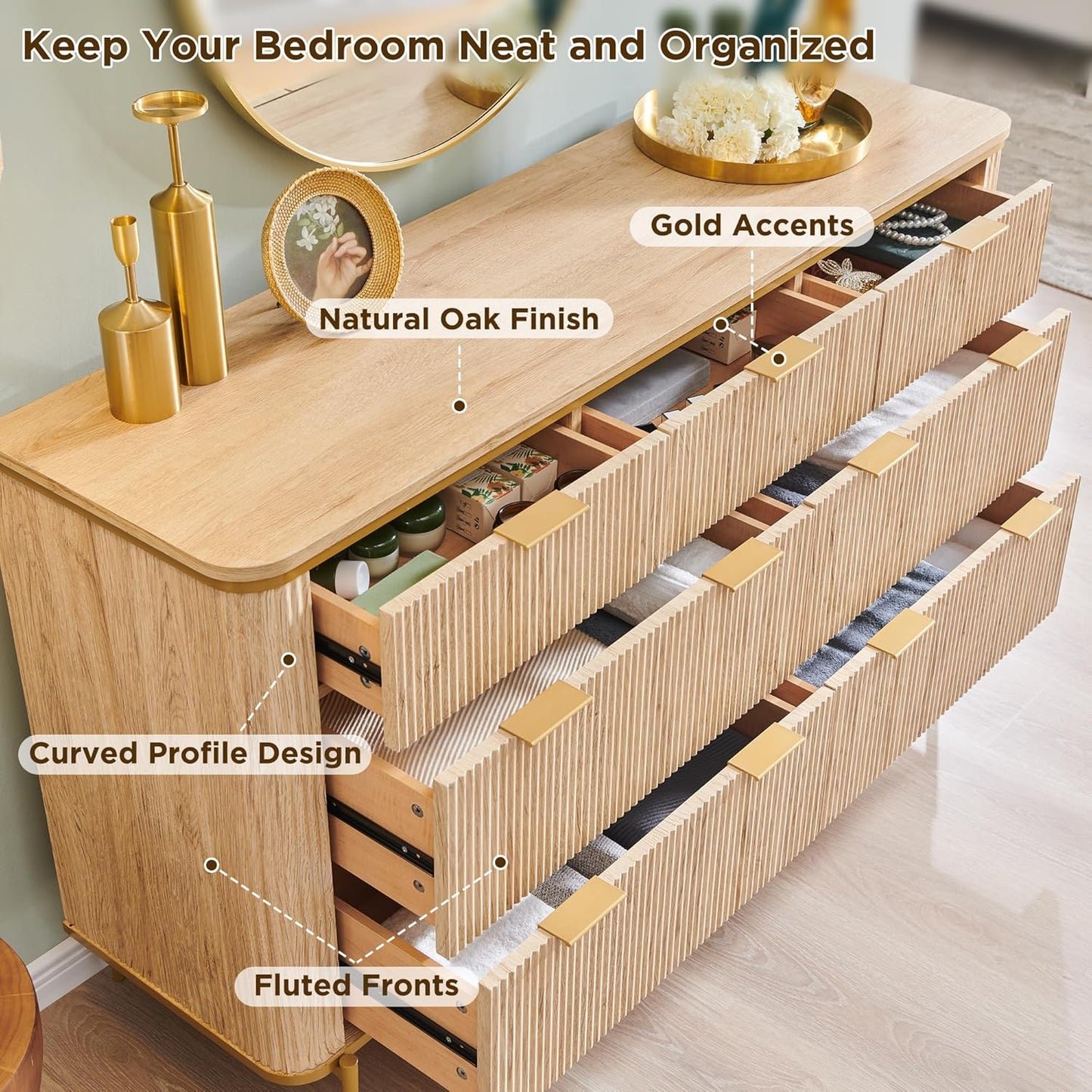 T4TREAM Fluted 7 Drawers Dresser for Bedroom, 54" Wide Modern Dresser TV Stand, Gold Accents, Fluted Fronts, Wood Storage Dressers Organizer for Bedroom, Living Room, Natural Oak