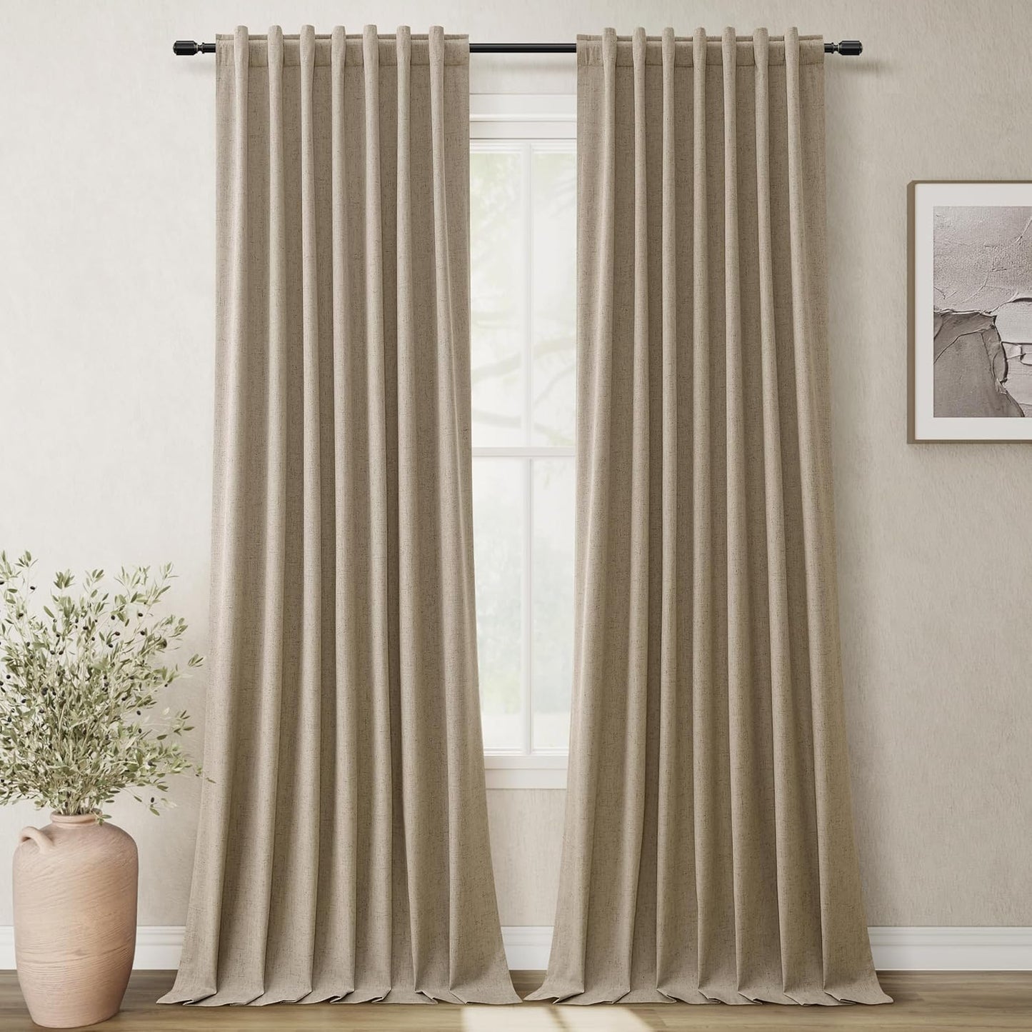 BOODII Blackout Curtains for Bedroom 80 Inch Length 2 Panels Set Room Darkening Linen Curtains Khaki Black Out Curtain Neutral Thermal Insulated Living Room Nursery Drapes Back Tab 52x80