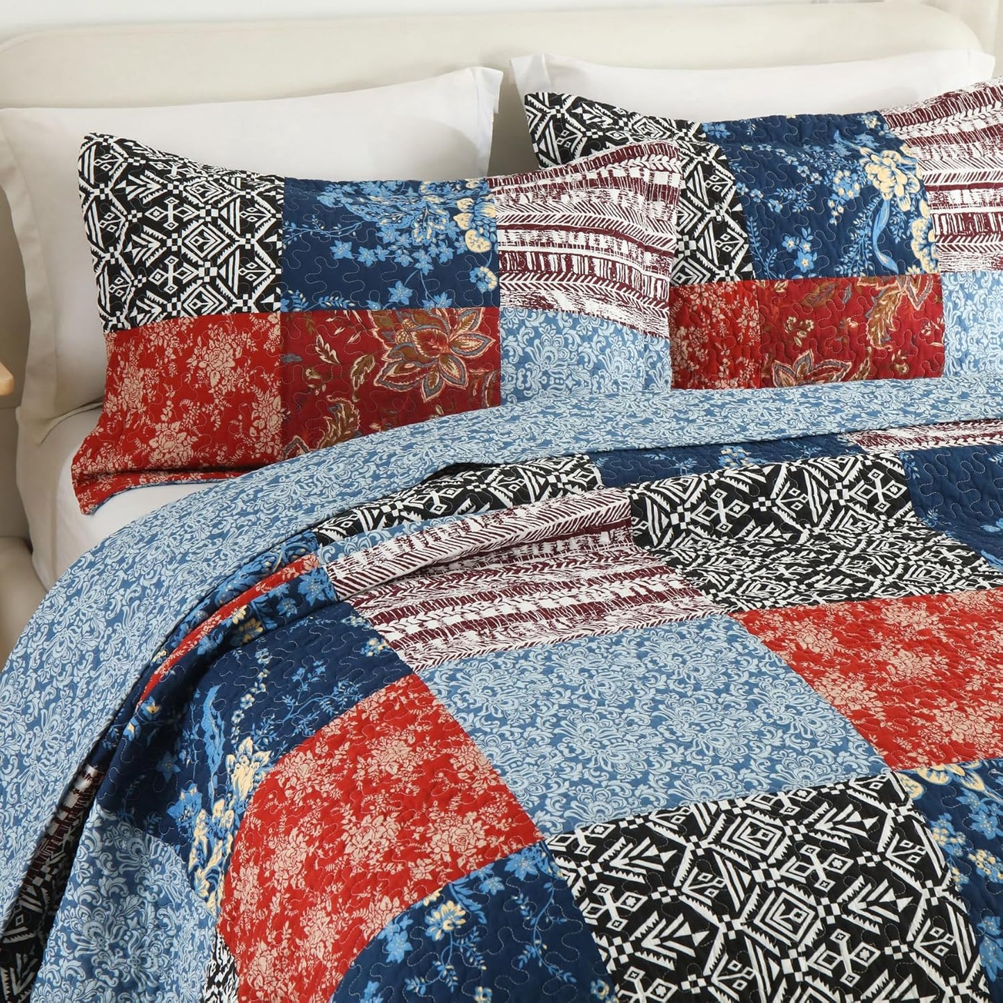 Secgo California King Comforter Set for Bed - 100% Cotton Quilts Cal King Size, Black Bedspreads (120 * 110 Inch) with 2 Pillow Shams, Patchwork Reversible Lightweight Bedding