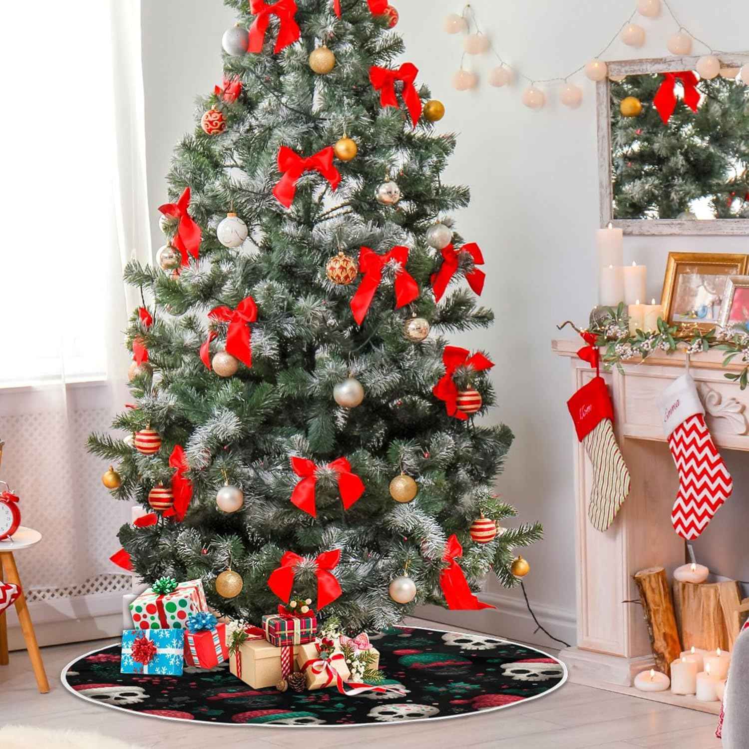 Skulls Christmas Tree Skirt Seasonal Tree Mat Holiday Party Supplies Ornaments Indoor Outdoor Decorations for Tabletop Trees 35.4 Inches