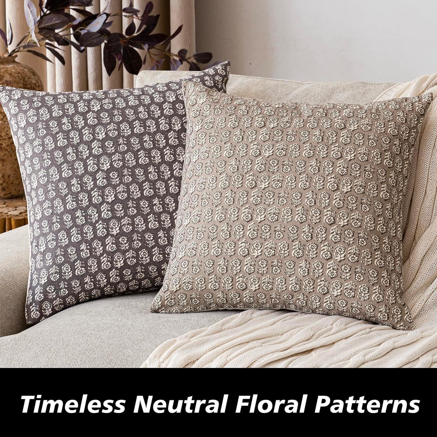 Foindtower Set of 2 Decorative Vintage Floral Print Throw Pillow Covers Neutral Modern Farmhouse Cushion Covers Boho Home Decor for Sofa Couch Chair Bedroom Living Room Outdoor,24×24 Inch,Rustic Gray