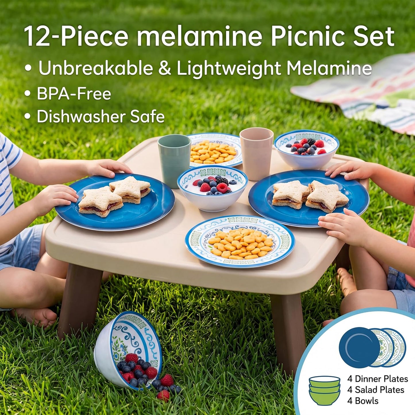 12-Piece Melamine Dinnerware Set – Unbreakable Plates and Bowls Sets,4 Dinner Plates + 4 Salad Plates + 4 Cereal Bowls,Camping Dishes Set for Indoor/Outdoor Use, Dishwasher Safe, Service for 4