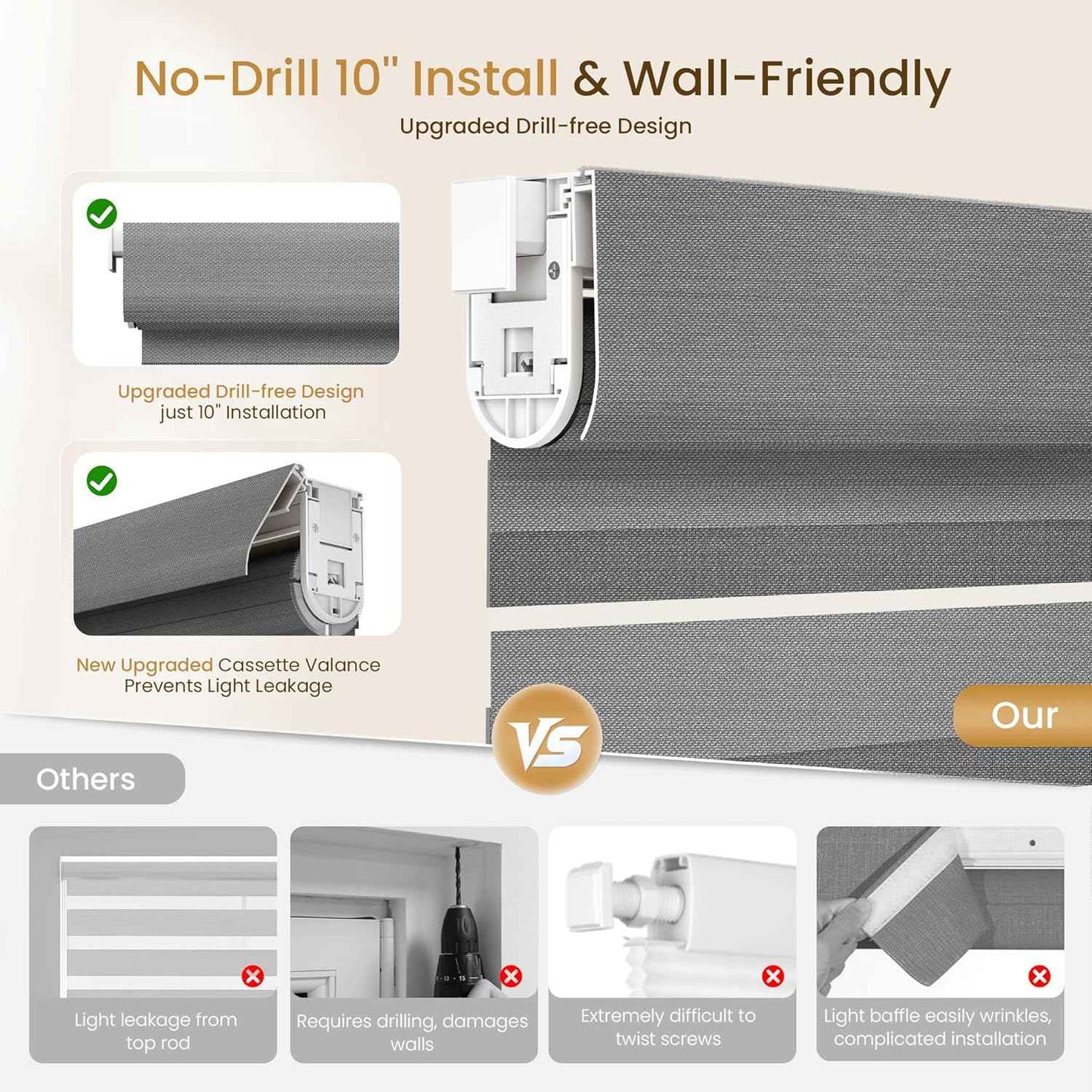 Grandekor No Drill Cordless Zebra Blinds, Dual Layer Light Filtering Day & Night Roller Shades, Inside Mount Free-Stop Privacy Window Shades for Home, Easy Install(35" W x 64" H, Grey)