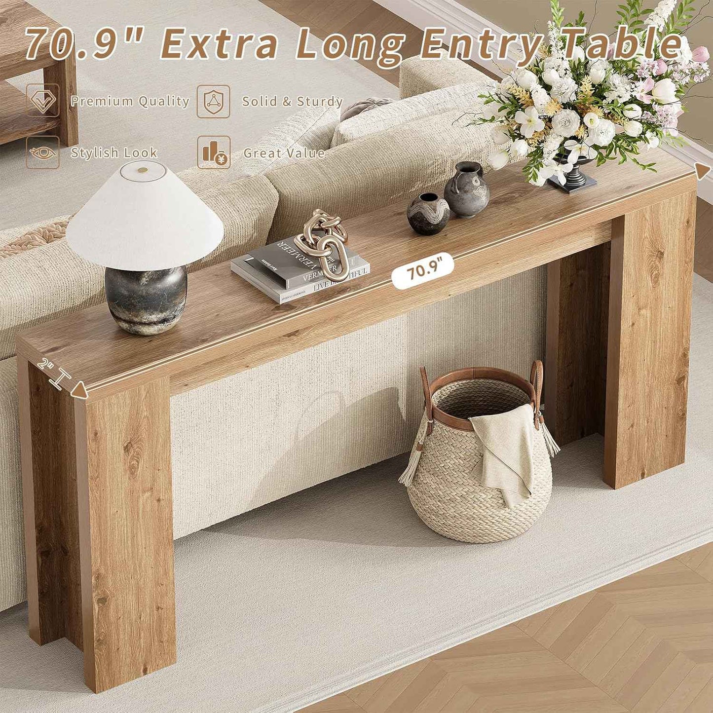 70.9 Inch Extra Long Console Table, Farmhouse Entryway Table with Thickened Base, Wood Sofa Table Behind Couch Table, Narrow Entryway Accent Table for Living Room, Hallway, Entrance, Foyer, Brown