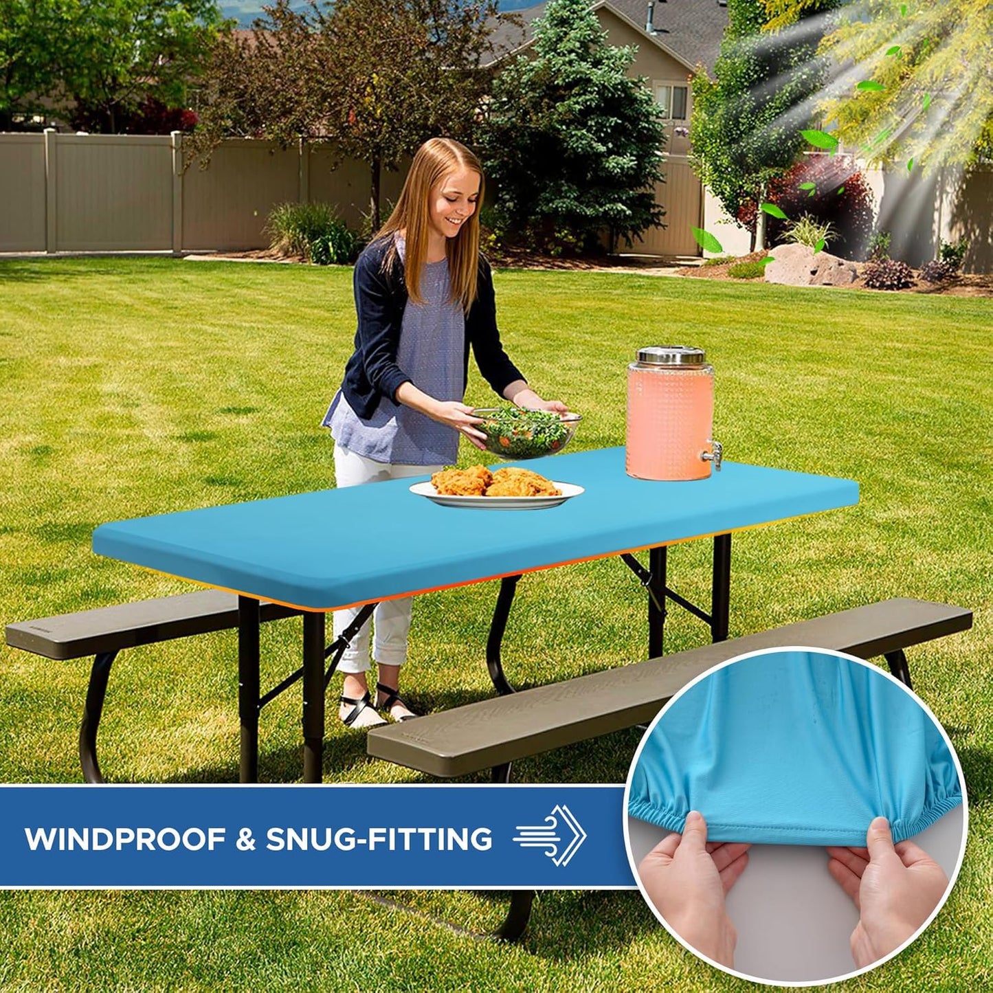 Fitted Tablecloth for 8 Foot Rectangle Table-4 Pack Light Blue Elastic Outdoor Picnic Table Cover-Spandex Stretch Folding Tablecloths 8ft for Camping Dining Room Patio Kitchen Banquet Party