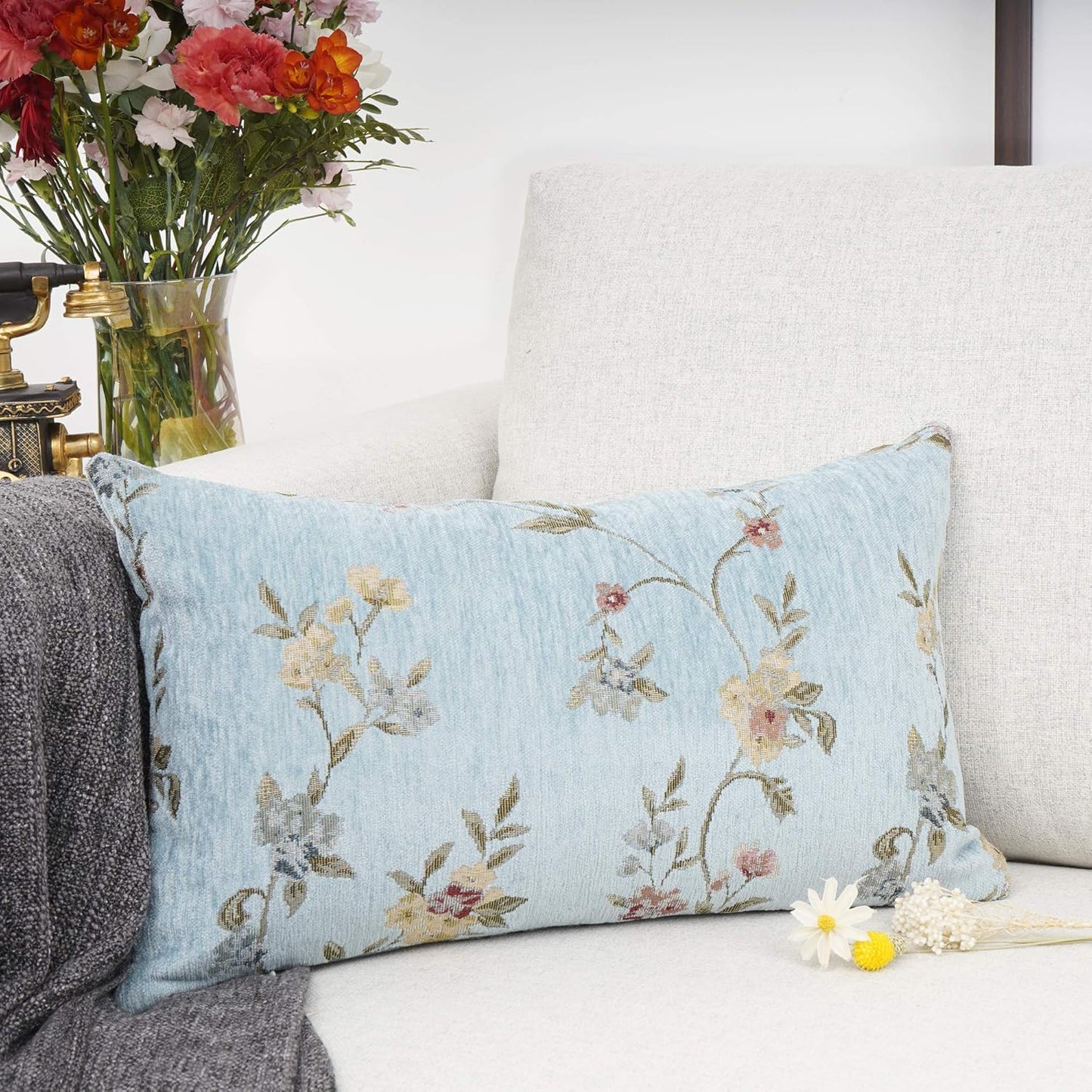 YOUR SMILE Classical Embroidery Jacquard Farmhouse Oblong Rectangle Chenille Teal Floral Pattern Decorative Throw Pillow Case,12x20 inch