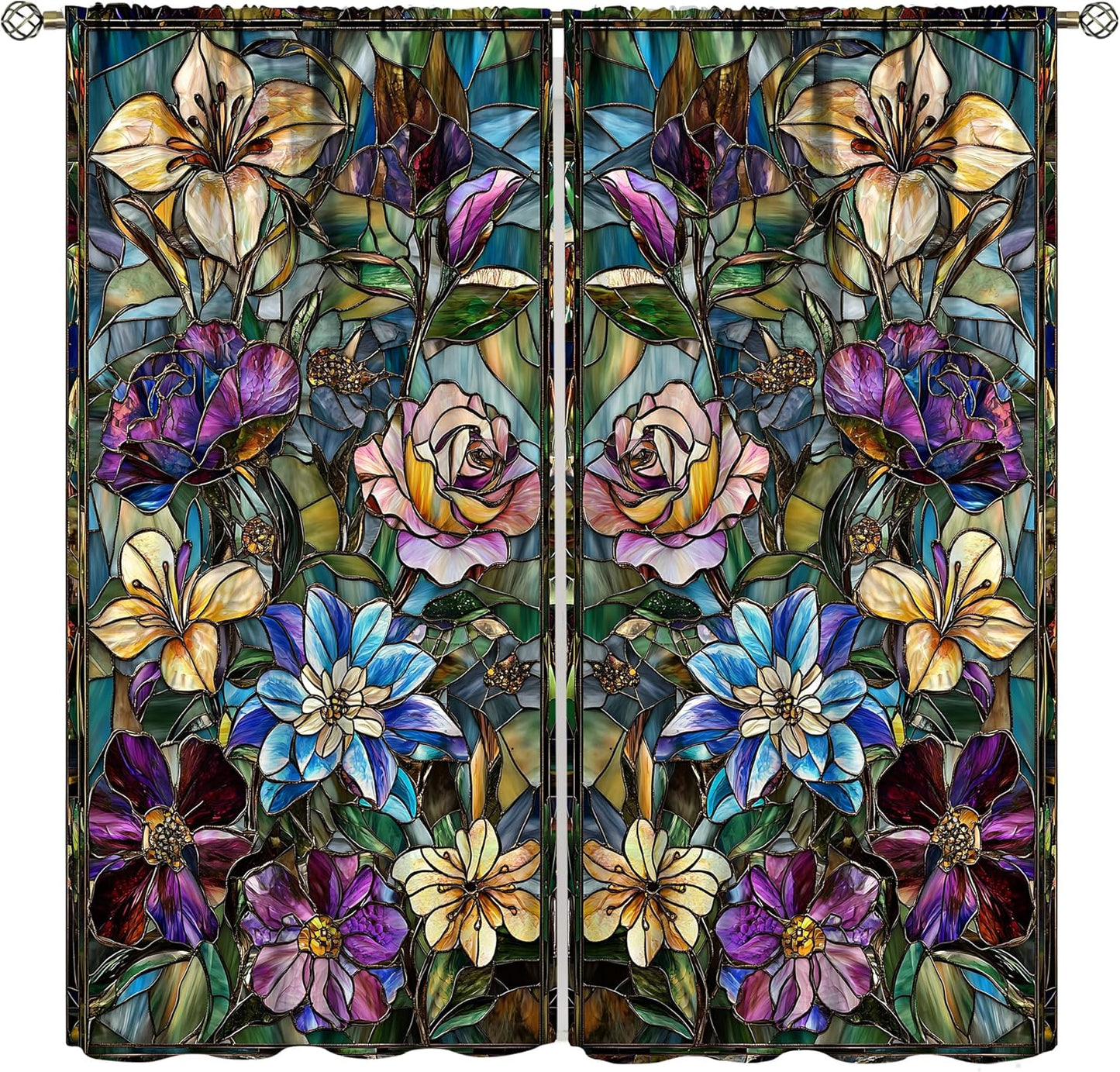 Stained Glass Curtains,Retro Colored Glass Flowers Art Home Decor Drapes for Bedroom Living Room Kitchen Window Treatment 2 Panels Set Total Size 63" W X 72" L Inch