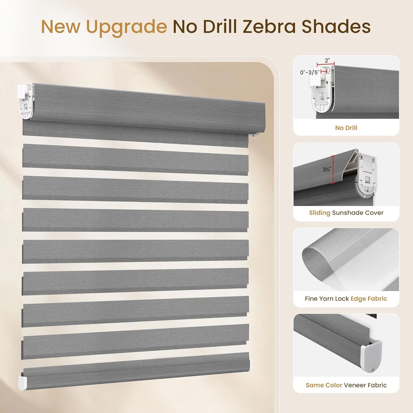 Grandekor No Drill Cordless Zebra Blinds, Dual Layer Light Filtering Day & Night Roller Shades, Inside Mount Free-Stop Privacy Window Shades for Home, Easy Install(35" W x 64" H, Grey)