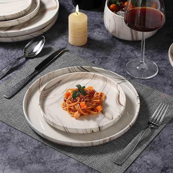 Lorren Home Trends Shiny Marble Pattern Dinnerware Set, 12 Piece Service for 4, Microwave and Dishwasher Safe
