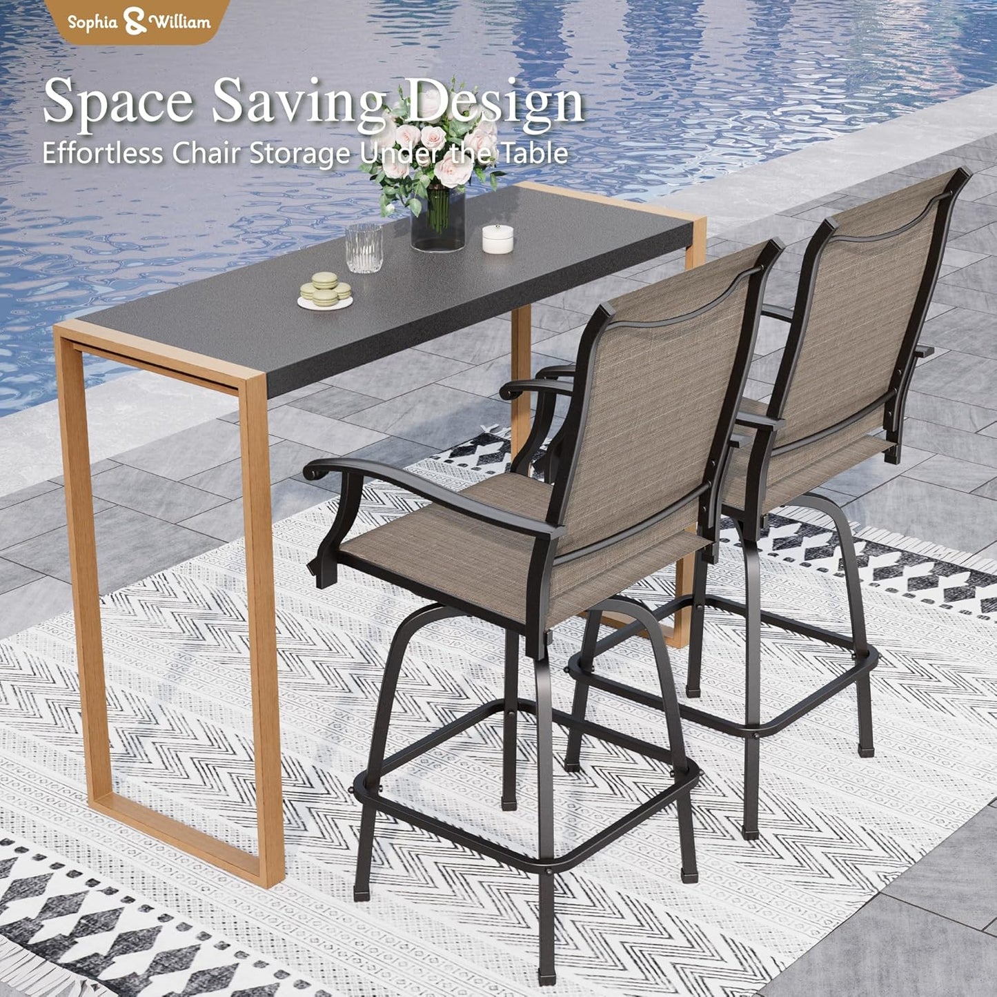 Sophia & William Outdoor Bar Set, Patio Bar Table and Chairs Set, Bar Height Patio Set - 2 x Swivel Bar Chairs(Brown), 1 x Rectangular Bar Table(Larimar Desktop)