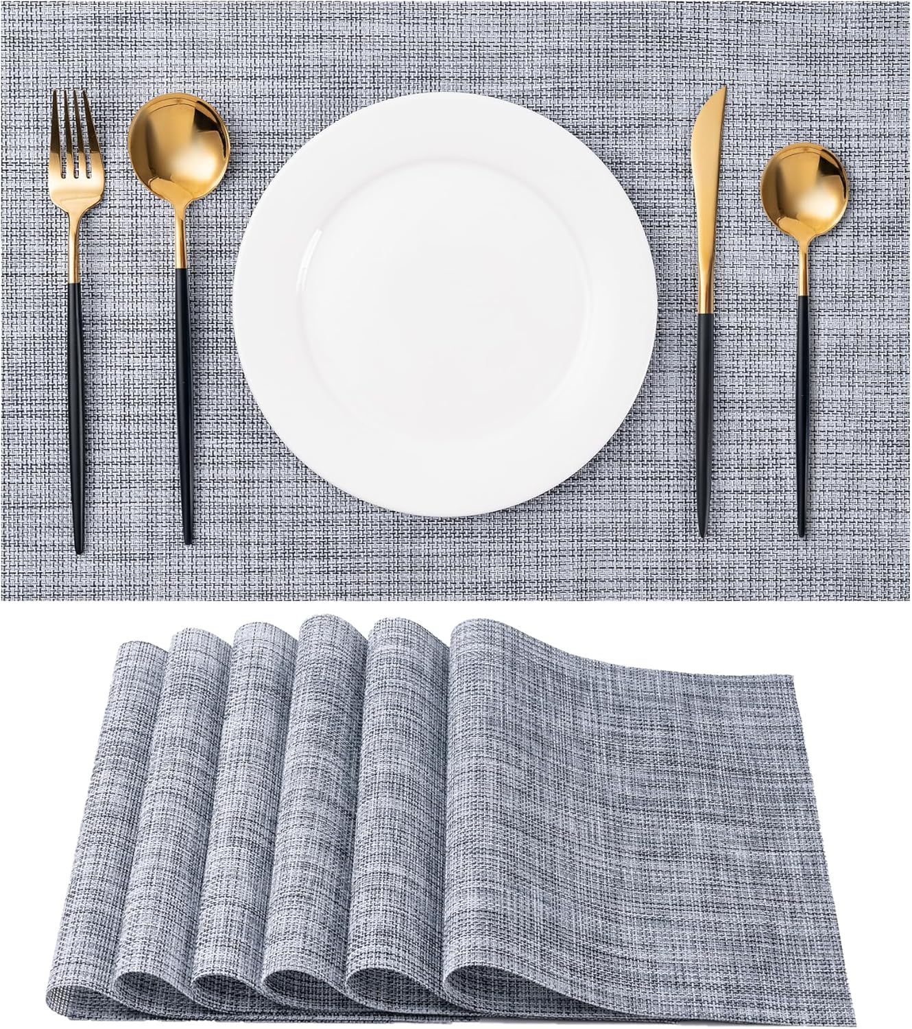 Placemats Set of 6 Washable Indoor/Outdoor Vinyl Place Mats for Dining Table Durable Non-Slip Heat Resistant PVC Weave Table Mats（Gray）