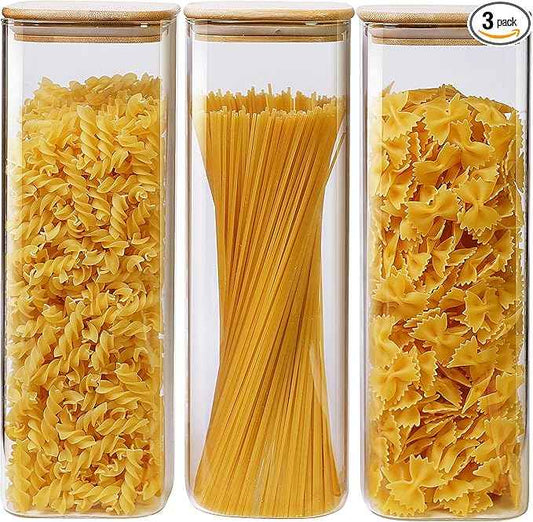 HomArtist Square Glass Jars with Bamboo Lids 79 FL OZ [Set of 3], Glass Canisters with Airtight Lid, Glass Food Storage Containers for Spaghetti, Fettuccine, Linguine,Pasta, Best for Kitchen & Pantry