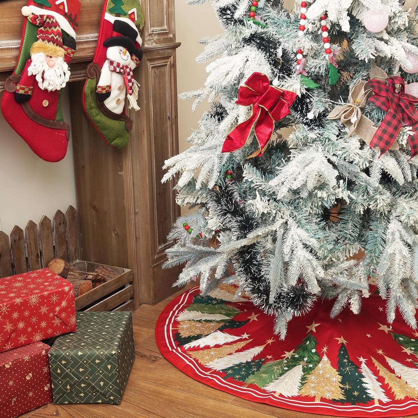 CROWNED BEAUTY Merry Christmas Tree Skirt 48 Inch, Red & Green | Premium soft fabric tree skirt. Features pine trees in red and green for a rustic farmhouse xmas holiday decor.