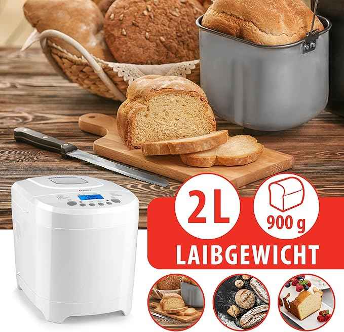 alpina Bread maker - Bread machine - small to large Breads: 450-680-900g - Timer - 12 Baking programs - also for Cake, Jam and Ketchup - 600W, White