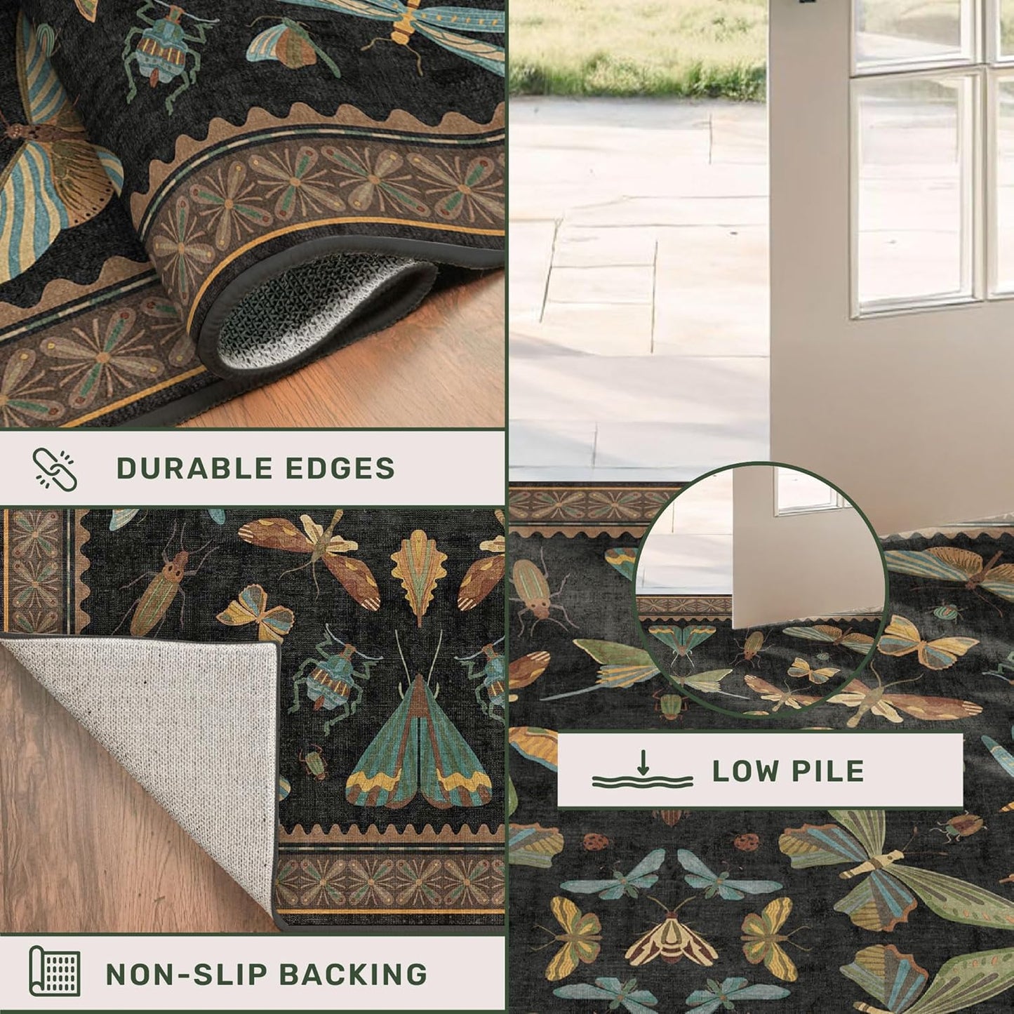 Black Insect 2'6"x8' Washable Non Slip Runner Rugs for Hallways, Non Skid Stain Resistant Rug Runners for Kitchen, Entryway, Mudroom -, Dark Floral Boho Cottagecore Home Decor