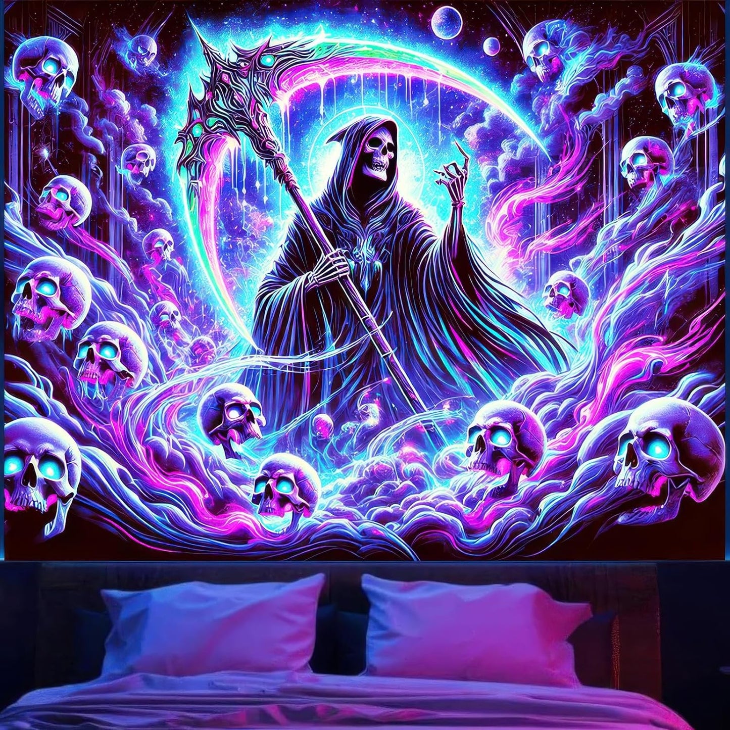 BlissYard Blacklight Skull Tapestry UV Reactive Tapestry 78x59 Inch Grim Reaper Gothic Skeleton Wall Tapestry Glowing Tapestry Large Neon Tapestry Wall Hanging for Living Room Bedroom Decor Teens