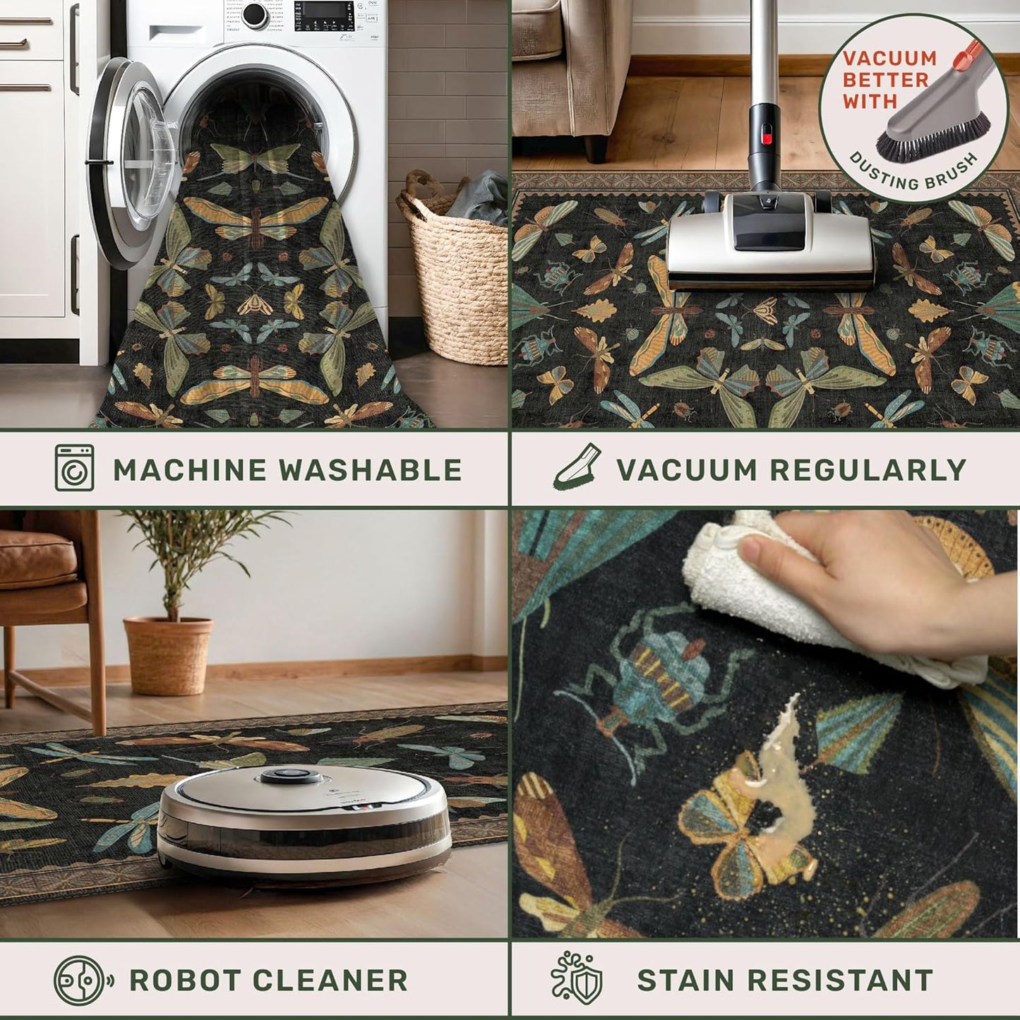 Big Black Area Rug for Living Room - Washable 10x14 Area Rug, Dining Room Rugs for Under Table, Soft Low Pile for Large Bedroom - Insect Witch Dark Moody Bug Decor, Non-Slip & Stain Resistance