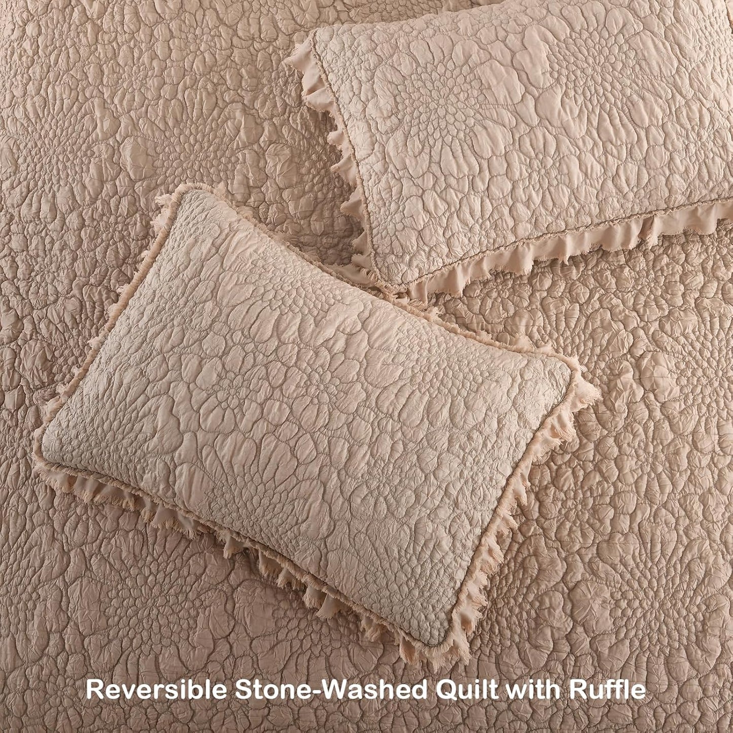 HORIMOTE HOME Pinkish Grey Ruffled Quilt Twin Size, Stone-Washed Microfiber Lightweight Crinkled Farmhouse Rustic Shabby Chic Bedding Set, 2 Pieces Reversible Bedspread with Pillow Sham for All Season