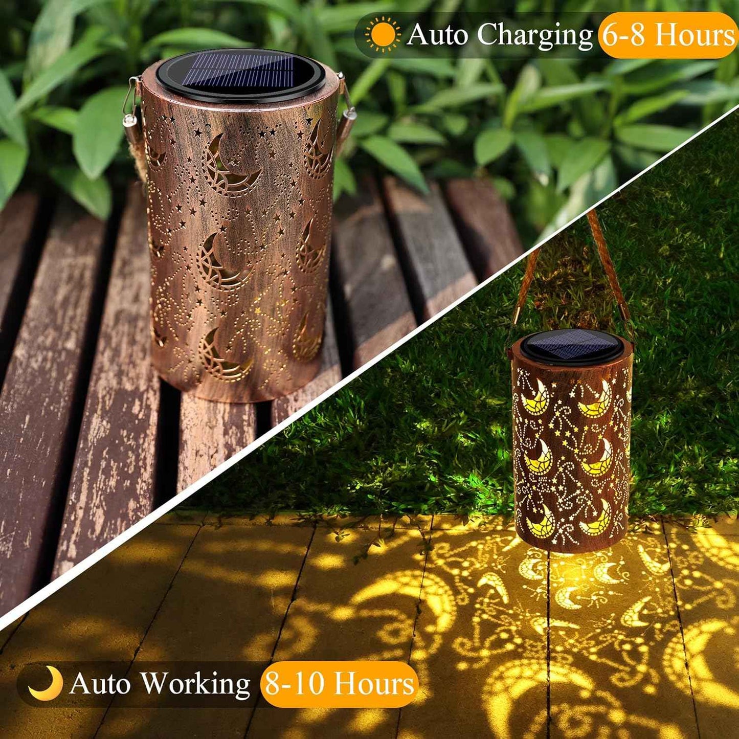 Toodour Solar Lantern Outdoor, Hanging Solar Outdoor Lights Garden Decor, Waterproof Hollow Out Retro Metal Moon Decorative Lights for Patio, Balcony, Yard, Walkway, Landscape, Outdoor Decor