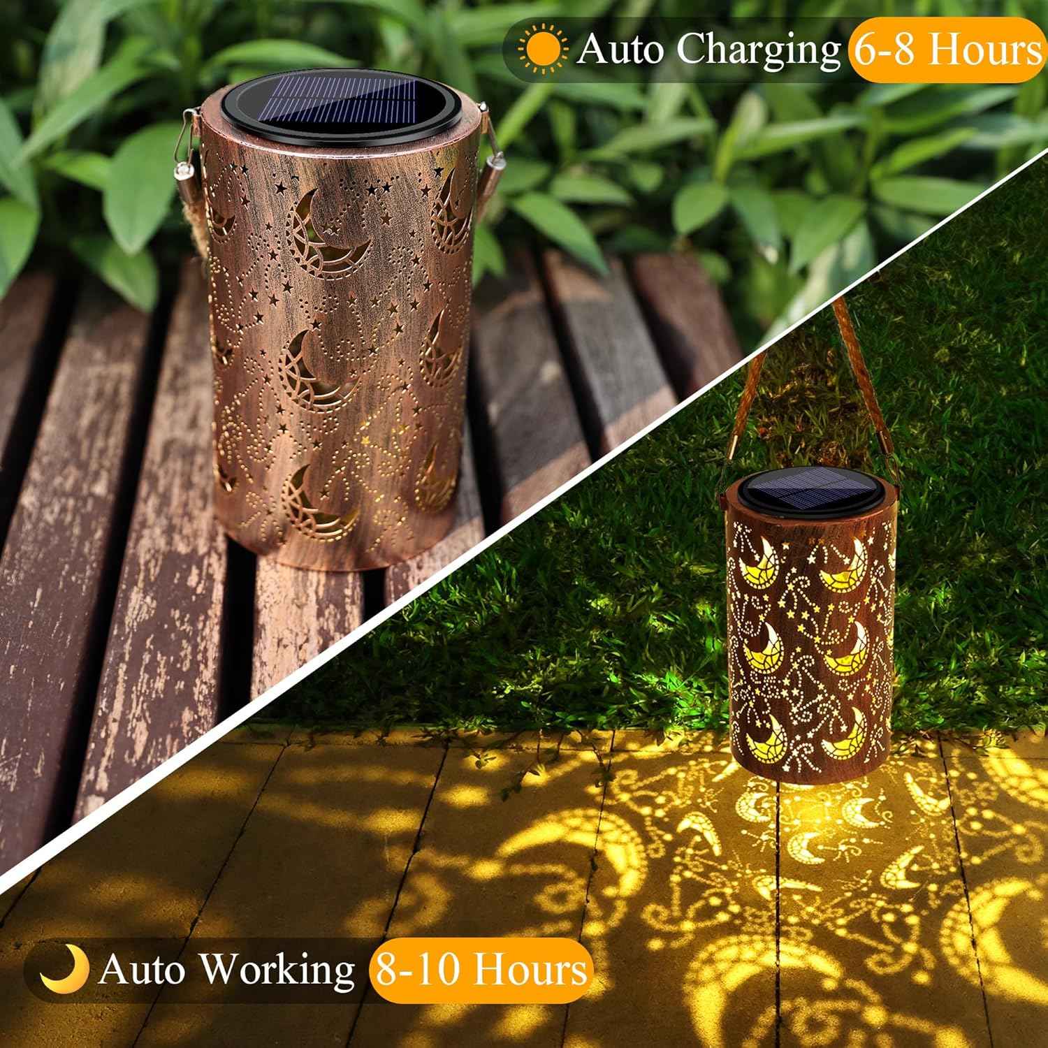 Toodour Solar Lantern Outdoor, Hanging Solar Outdoor Lights Garden Decor, Waterproof Hollow Out Retro Metal Moon Decorative Lights for Patio, Balcony, Yard, Walkway, Landscape, Outdoor Decor