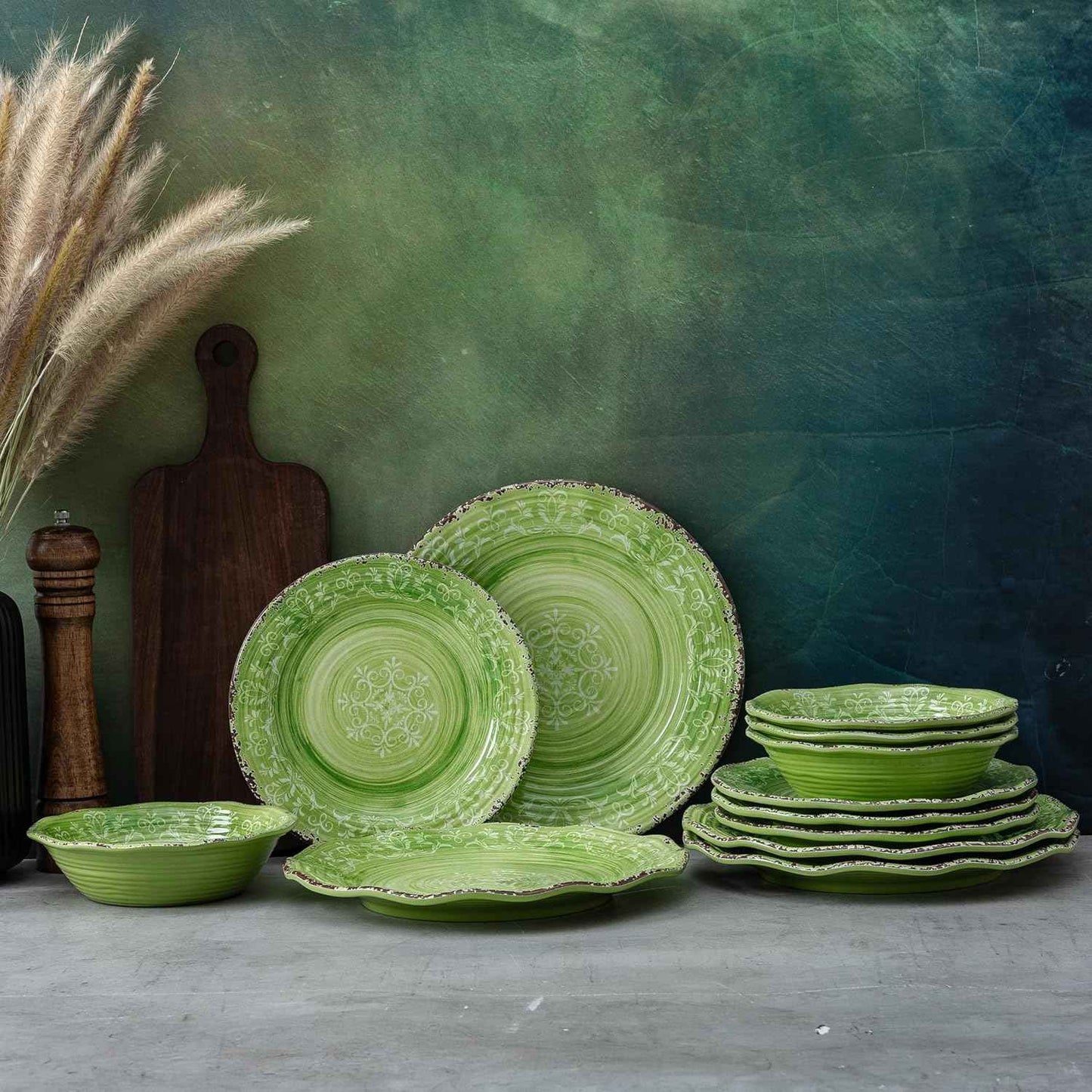 LEHAHA Unbreakable Melamine Dishes Dinnerware Sets, 12 Piece Luxury Thick but Lightweight Farmhouse Plates and Bowls Set for Spring Summer Picnic, RV, Camping & Everyday Use, Service for 4, Green