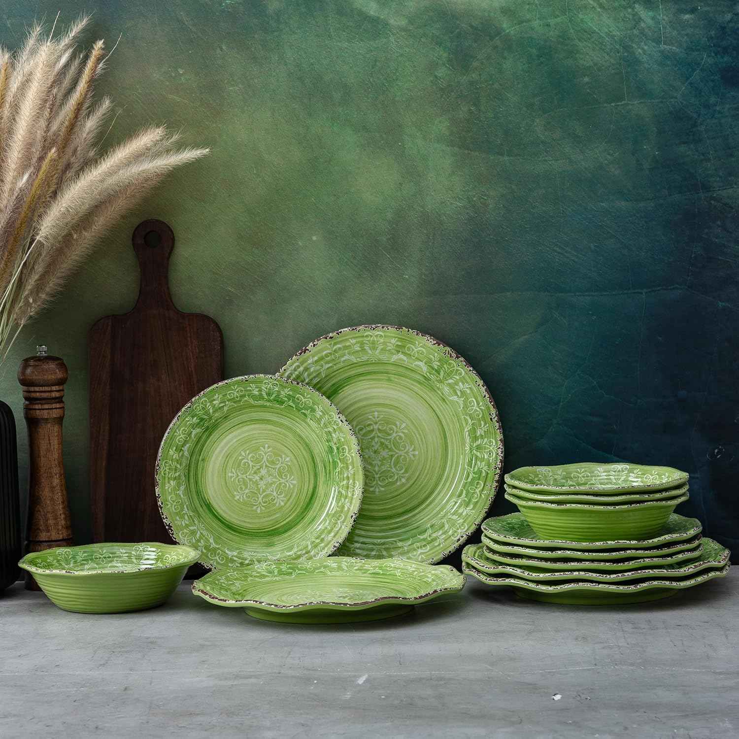 LEHAHA Unbreakable Melamine Dishes Dinnerware Sets, 12 Piece Luxury Thick but Lightweight Farmhouse Plates and Bowls Set for Spring Summer Picnic, RV, Camping & Everyday Use, Service for 4, Green