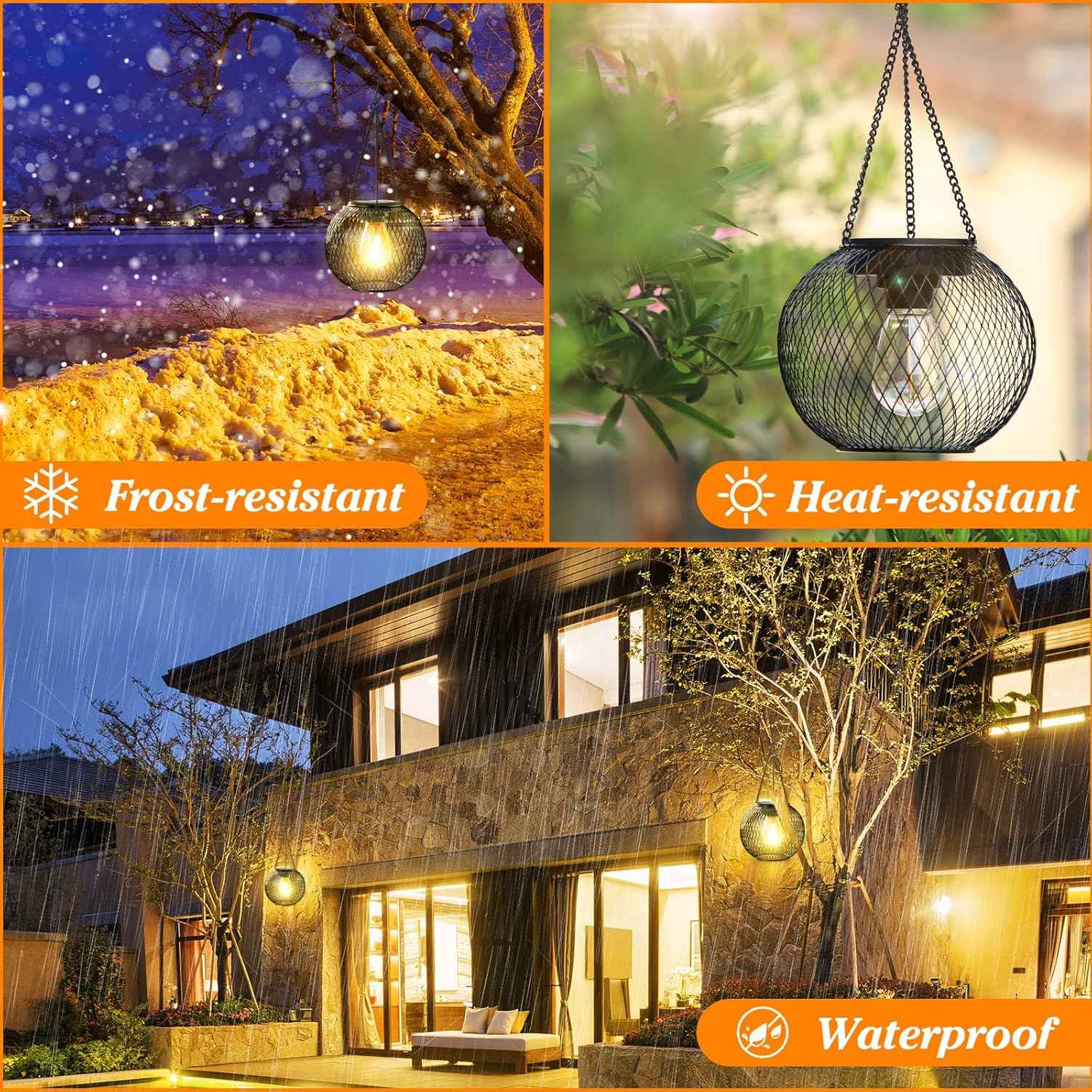 Solar Lantern Outdoor, Upgraded Hanging Lights Outdoor Garden Metal Lanterns Decorative Lighting Powered Waterproof Tree for Yard Patio Pathway, 2 Pack, Black