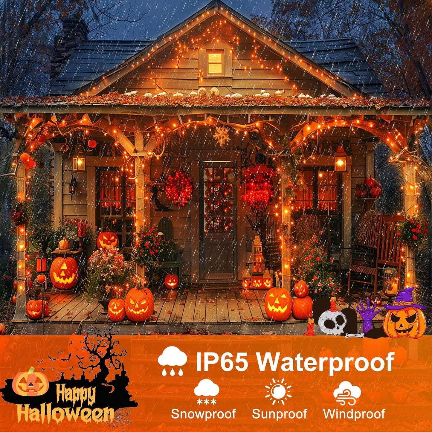 Orange Halloween Lights Outdoor, 66FT 200 LED String Lights for Outside with 8 Modes Waterproof, Plug in Connectable Twinkle Light Green Wire for Indoor Garden Tree Patio Party Decorations