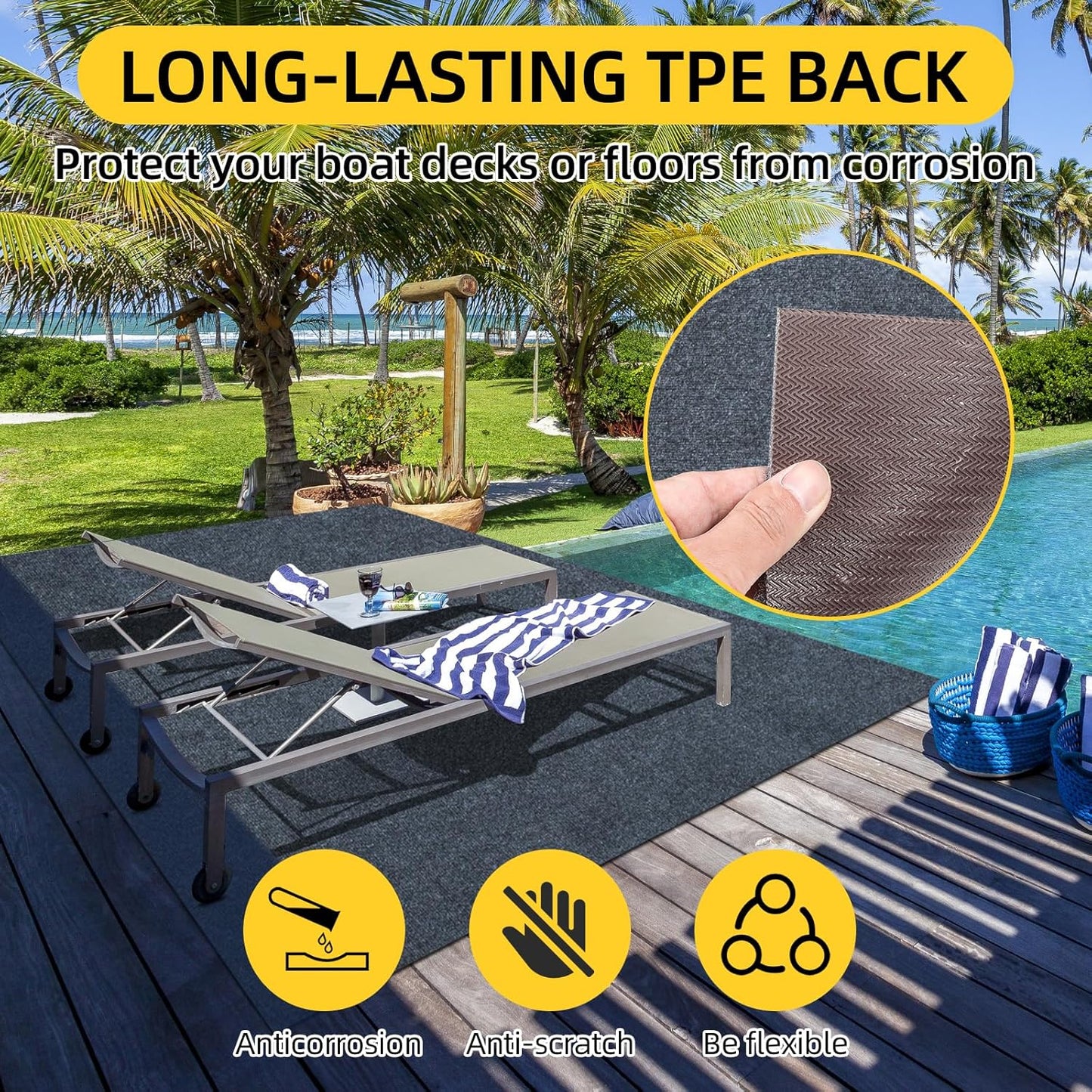 Marine Carpet,5 FT x 10 FT Dark Gray Indoor Outdoor Carpet 0.2" Thick Boat Carpet with Water-Proof TPE Backing, Non-Slide Outdoor Marine Carpet Roll for Home, Patio, Porch, Deck