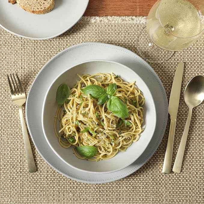 Gibson Elite Menlo Park 16-Piece Pottery Clay Stoneware Dinnerware Set – White Reactive Glaze, Embossed Plates and Bowls W/Pasta Bowl, Service for 4 – Microwave & Dishwasher Safe