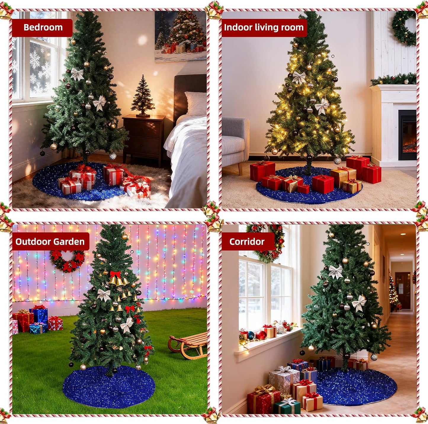 Christmas Tree Skirt 48 Inch, Blue Sequin Christmas Trees Skirt, Large Sparkle Xmas Tree Stand Base Used for Christmas Holiday Indoor Home Decoration