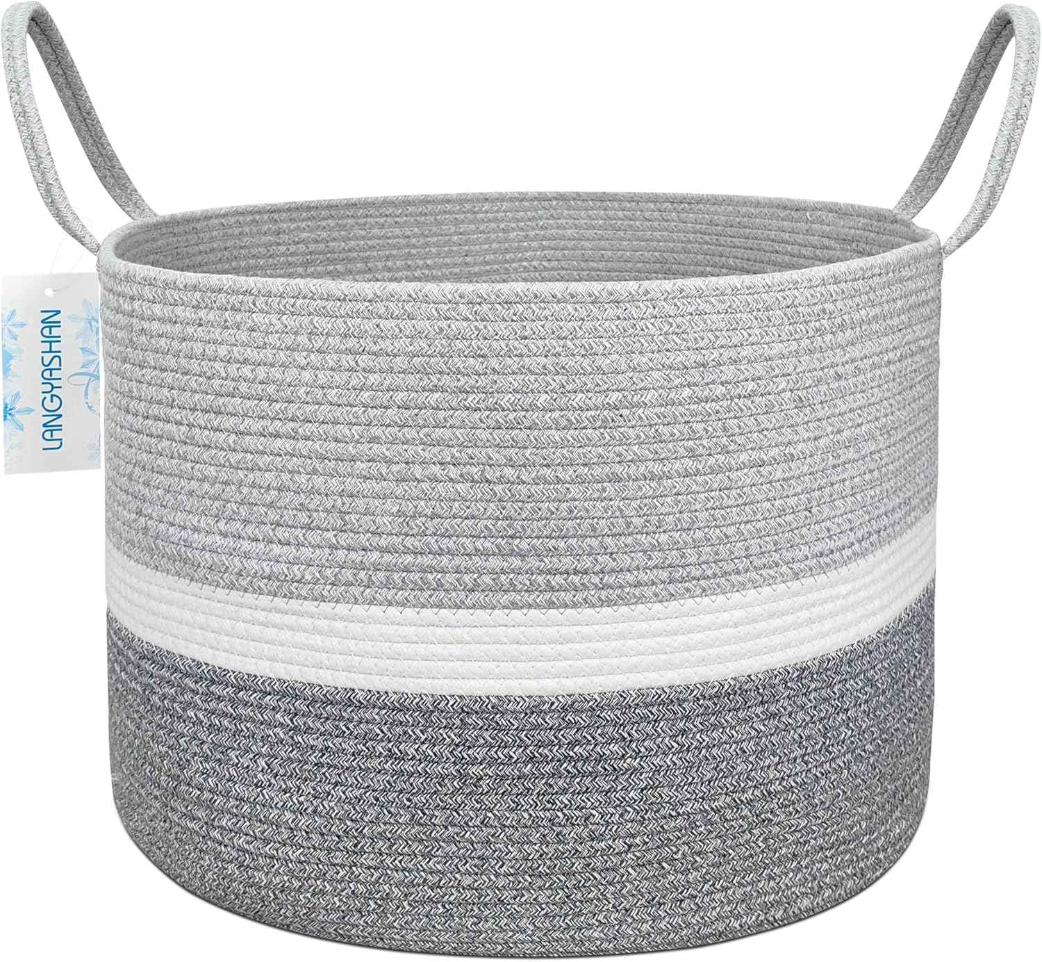 21.65" x 13.78" XXXLarge Woven Rope Basket Decorative Blanket Basket for Living Room Toys Sofa Throws Storage Towels or Nursery Laundry Hamper with Handles Laundry Basket (Three-Colour)