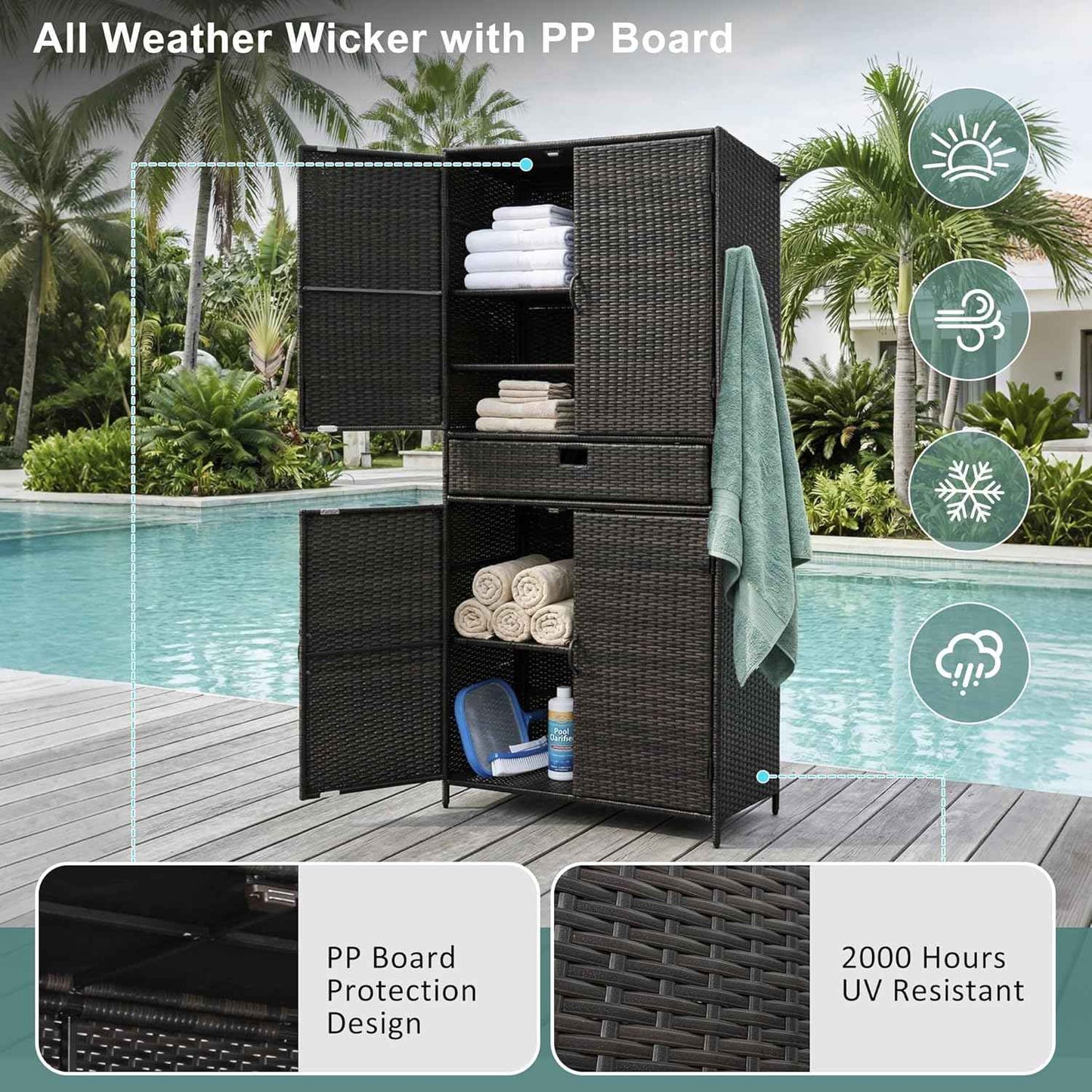Wicker Outdoor Storage Cabinet - Rattan Pool Towel Storage Cabinet with Adjustable Shelves and Drawer, Brown+Black Tall Patio Cabinets Organizer with Doors for Garden, Backyard, Poolside