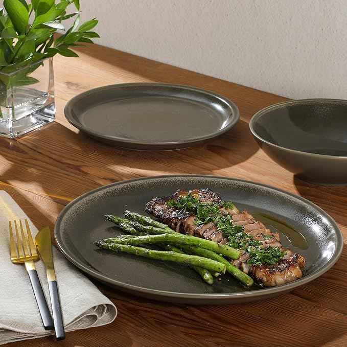 Gibson Elite 12 Piece (Service for 4) Lakecrest Plates and Bowls Reactive Glaze Round Dishes Stoneware Ceramic Dinnerware Set - Dark Green