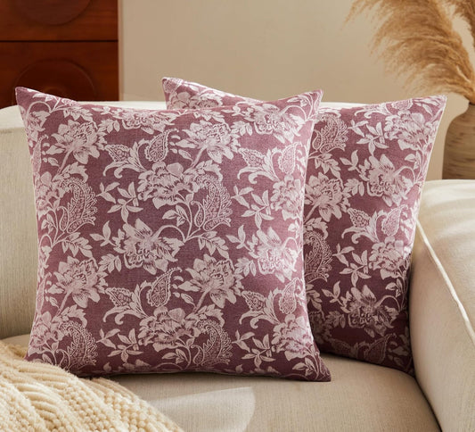 Floral Jacquard Throw Pillow Covers Set of 2, Background/Burgundy 20x20 Inch, Farmhouse Decorative Cotton Burgundy Cushion Covers for Sofa Bed Living Room Home Decor ﻿