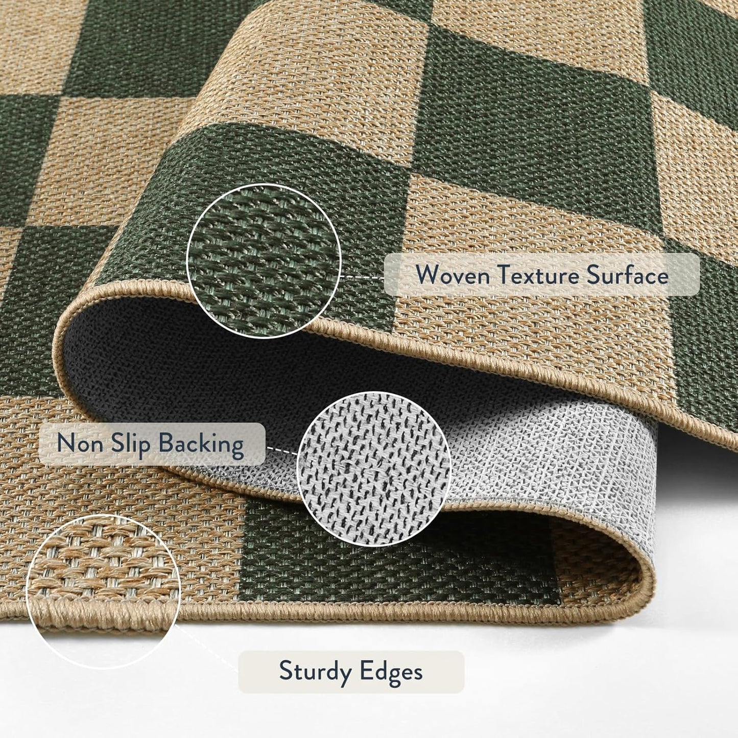 Lahome Checkered Easy Jute Dining Room Rug, 5x7 Indoor Outdoor Rugs for Patio Living Room, Neutral Checkerboard Non Slip Low Pile Green Carpet for Bedroom Office Backyard