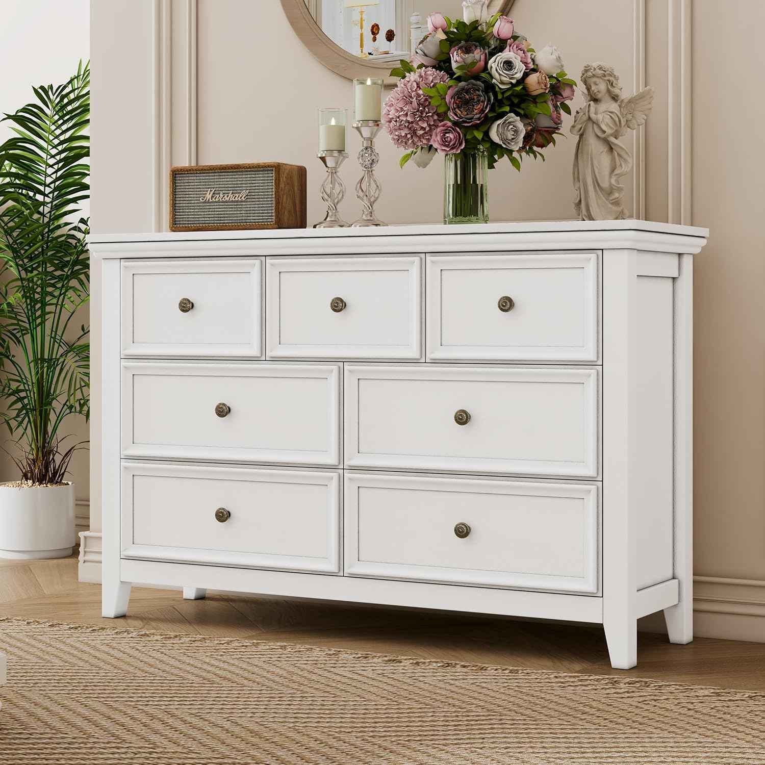BLANKSPACE White 7 Drawer Dresser, Modern Dresser for Bedroom, Wood Drawer Organizer with Metal Knobs, Large Capacity Wood Cabinet for Bedroom, Hallway