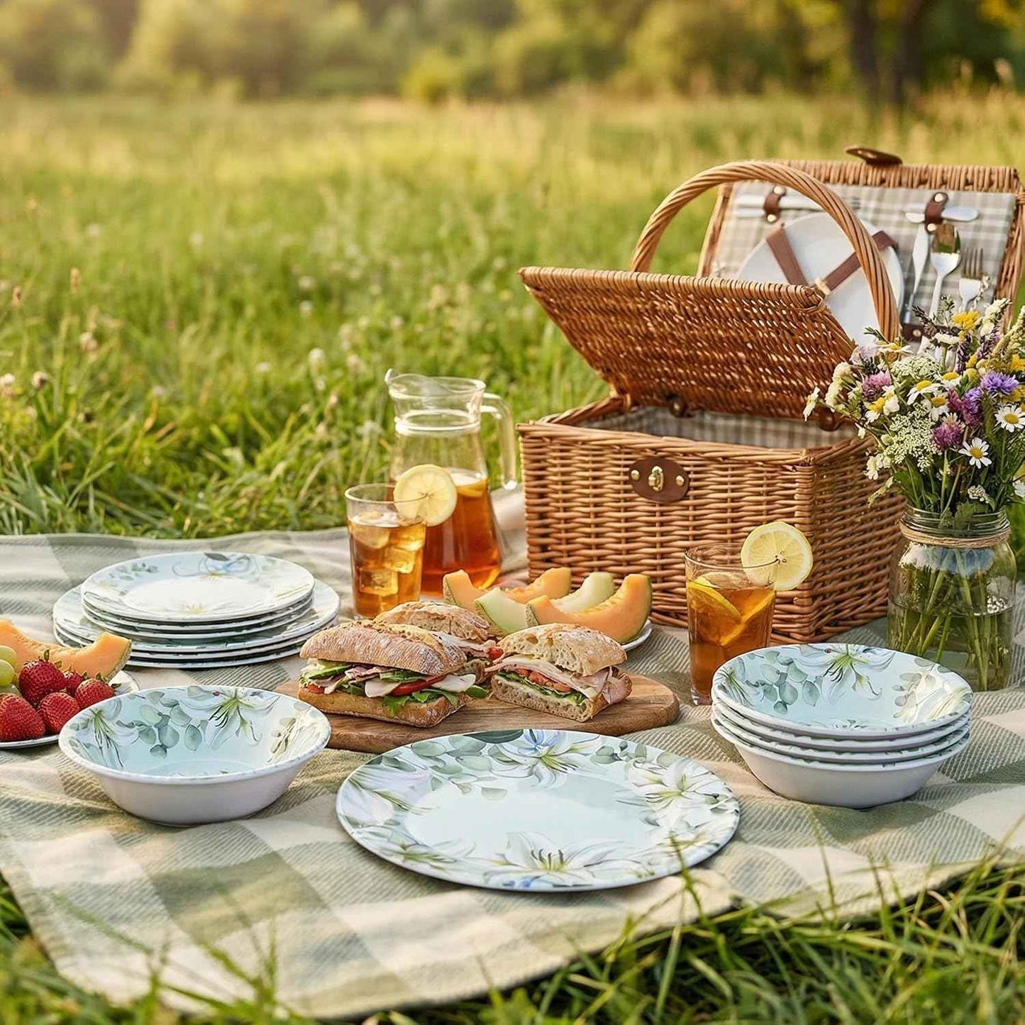 12-Piece Melamine Dinnerware Set - Shatterproof Plates and Bowls Sets for Everyday Dining,Elegant Lily Pattern Dish Set, Outdoor Picnics and RV Camping Green & White