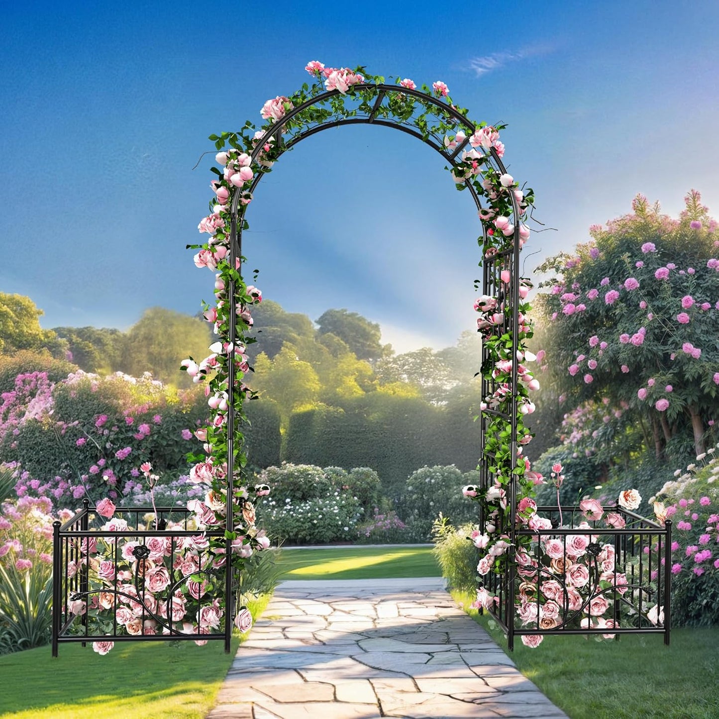 Garden Arbor with Planter Boxes 76" W x 86" H, Wedding Arches for Ceremony, Black Metal Garden Archway for Climbing Plants Outdoor Lawn, Patio and Backyard