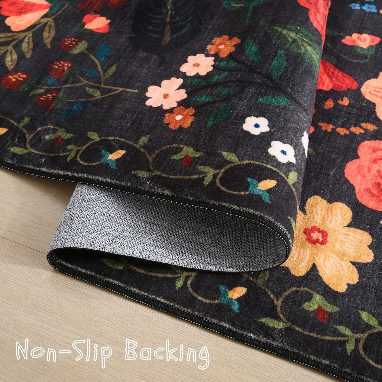 Round Rug 4ft Washable Circle Rug Non Slip Low Pile Boho Floral Small Circular Rug for Bedroom, Bathroom, Entryway, Kids Room, Office, College Dorm(Black)