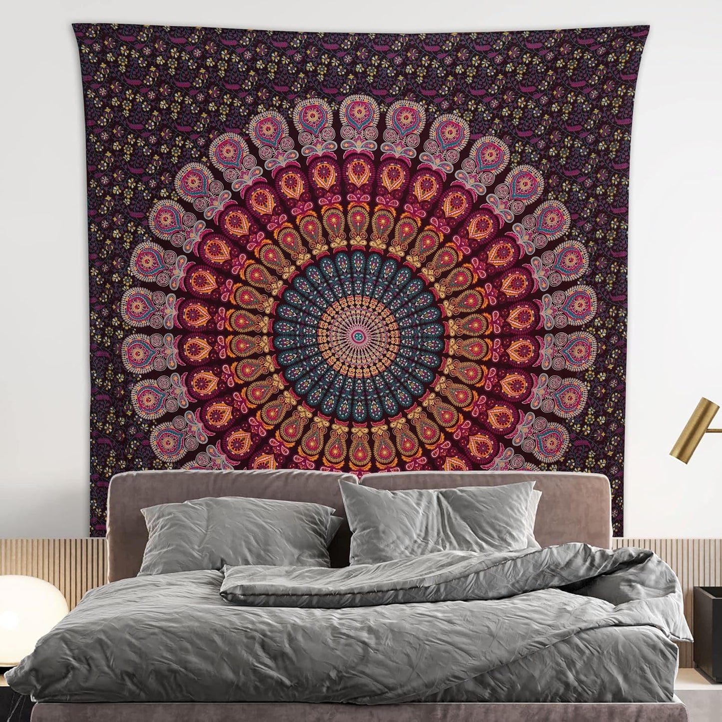 Bless International Handmade Indian hippie Bohemian Psychedelic Peacock Mandala Wall hanging College Dorm Beach Throws Table Cloth Bedding Tapestry (Golden Pink Blue, Queen(84x90Inches)(215x230Cms))