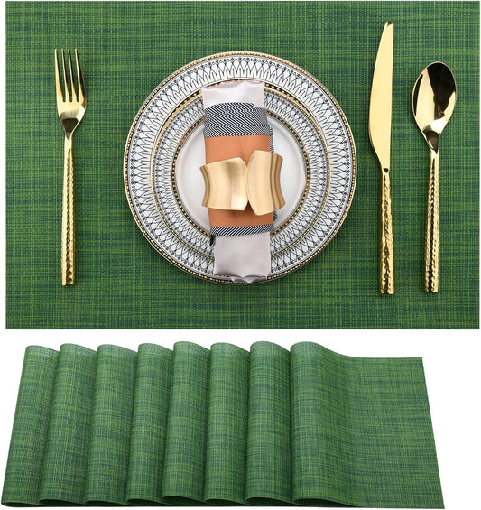 Green Placemats Set of 8 - Wipe Clean Vinyl Placemats - Washable Heat Resistant PVC Placemats for Dining Table - 17x12 Inch (Green, 8)