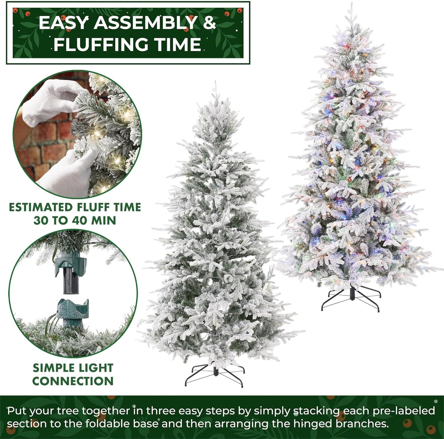 Casafield 7.5FT Pre-Lit Snow Flocked Slim Aspen Fir Artificial Holiday Christmas Tree with White & Multicolored LED Lights, Realistic Noble Fir with Metal Stand